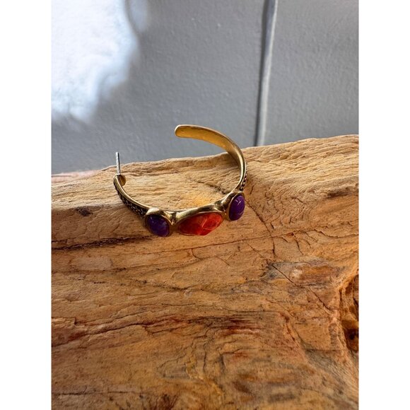 Barse Thai Bronze Earrings Amethyst & Spiny Oyster Orange Stone Semi Hoop Boho - Picture 5 of 9